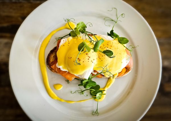 Eggs Benedict with Smoked Salmon. Delicious lunch in Teignmouth.